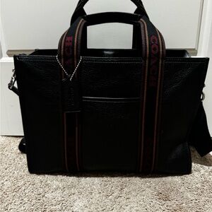 Coach Black Leather Large Tote with Signature Webbing Strap